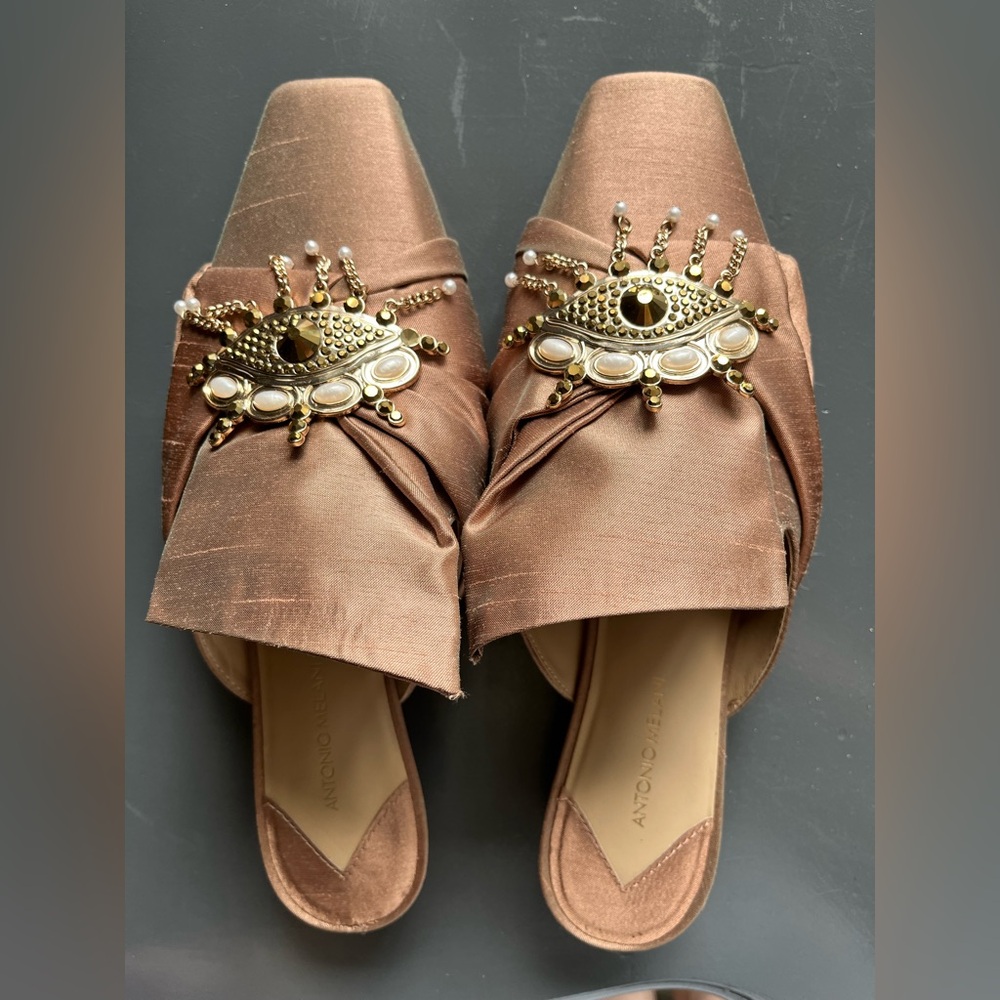 ANTONIO MELANI Bronze Satin Embellished Slip-On Mules